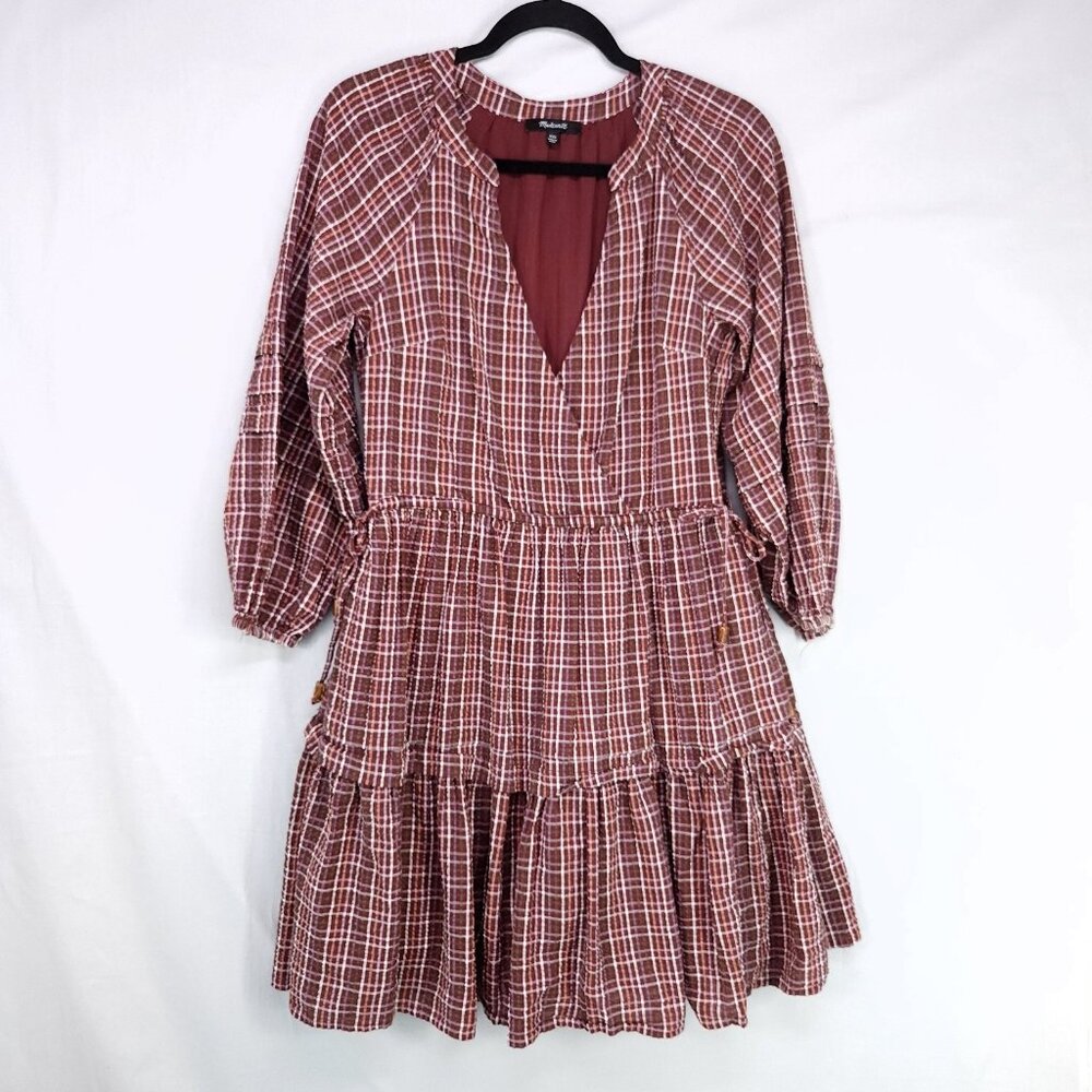 Madewell Seersucker Faux Wrap Mini Dress Size XXS Oversized Red Plaid Tiered